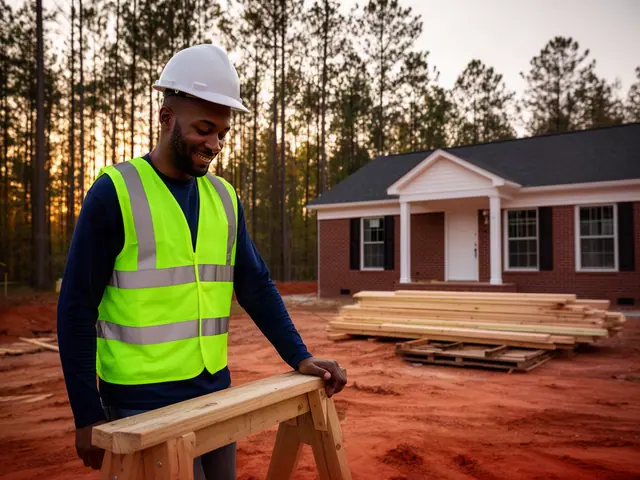 A builder in a hard hat and safety vest on a home construction site.
