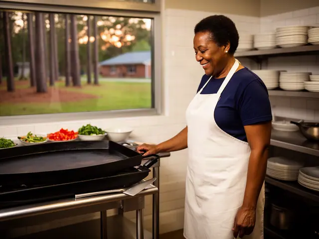 A woman with her hair in a neat short natural cut beside new equipment in a small soul-food restaurant.