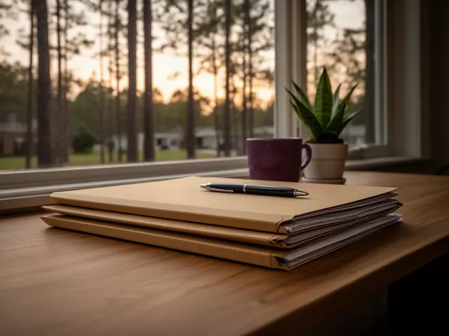A neat stack of closed manila folders and a pen on a desk by a window.