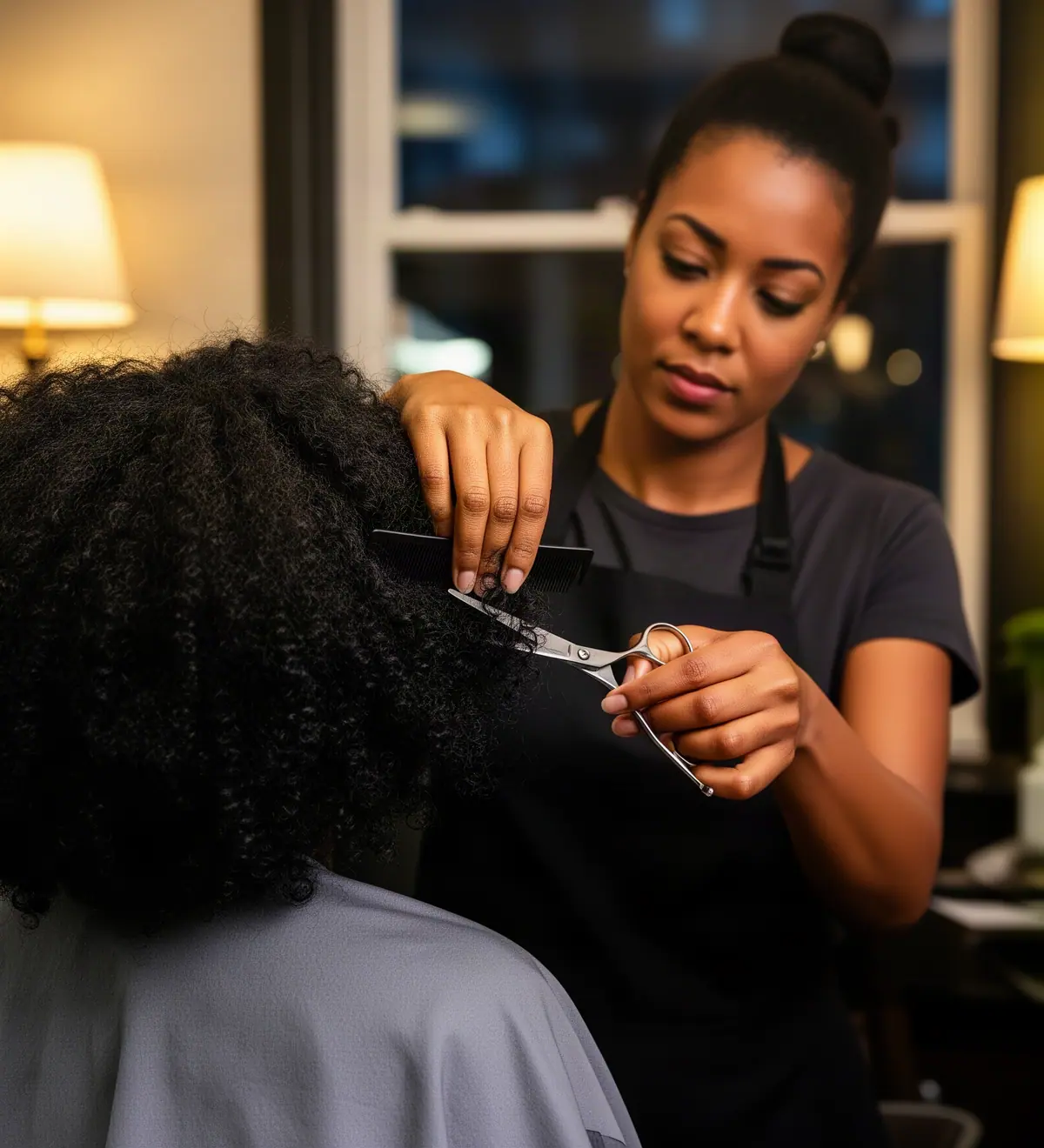 A stylist trimming a client's dark curls with a comb and scissors in a warm salon.