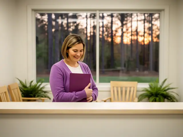 A clinic office manager holding a folder behind a reception counter.