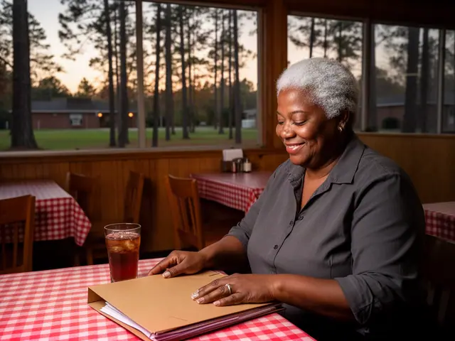 A restaurant owner seated with a folder in an empty dining room before opening.