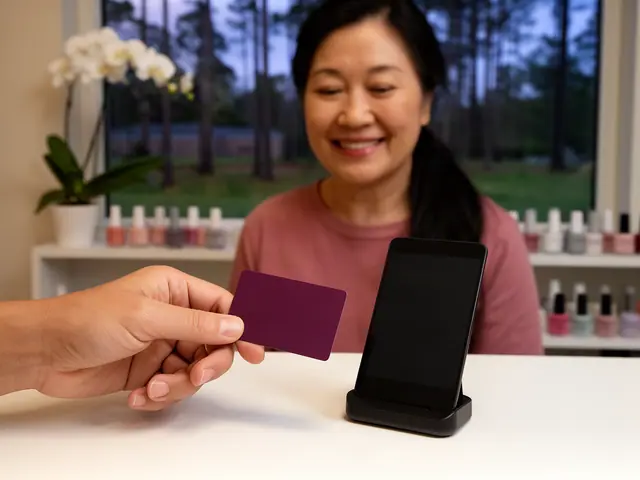 A customer taps a card on a counter terminal at a small nail salon.