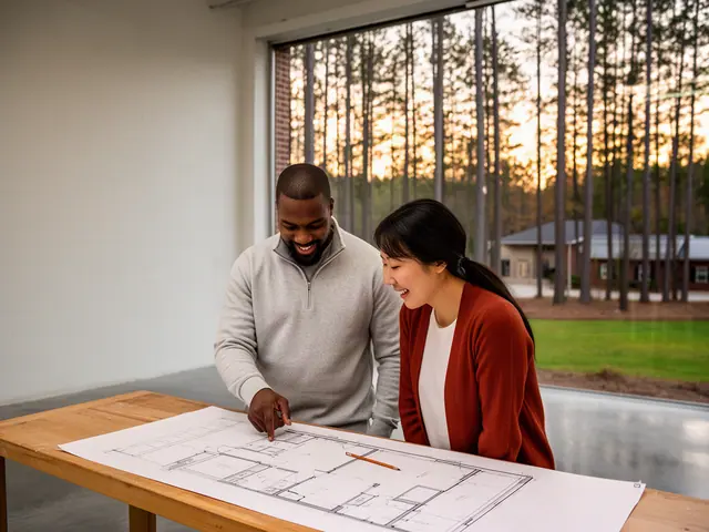 Two business partners looking over a pencil floor sketch in an empty storefront.